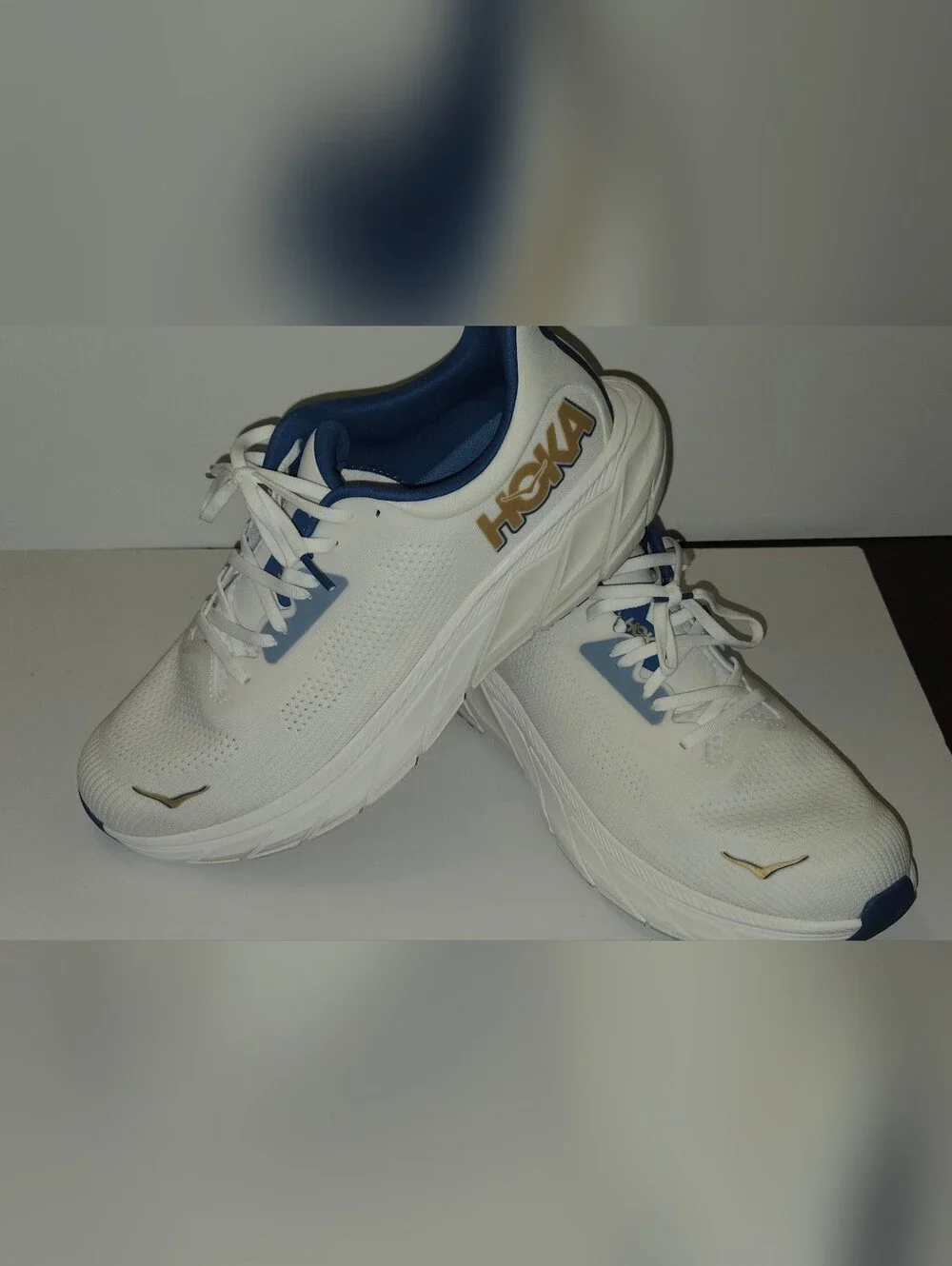 Hoka One One White and Navy Athletic Running Shoes with Gold Logo